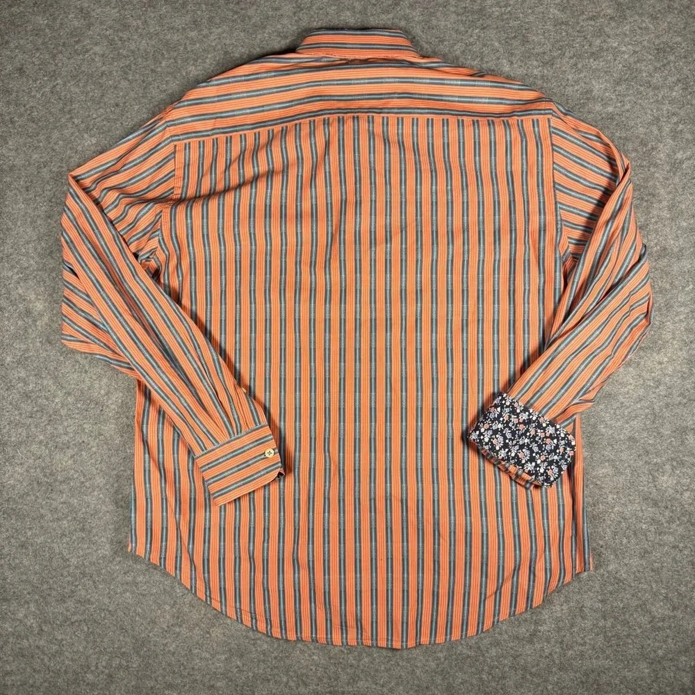 Robert Graham Mens XL Orange Blue‎ Striped Long Sleeve Button Down Floral Trim